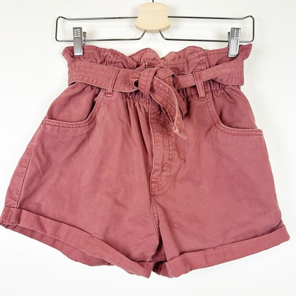 Abercrombie & Fitch Women's S Belted Paper Bag Shorts Rust Red 100% Cotton Denim
